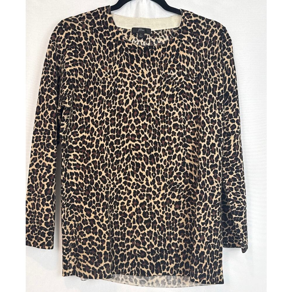 J.Crew Womens Leopard Print Merino Wool Crewneck Sweater Size L Brown Preppy